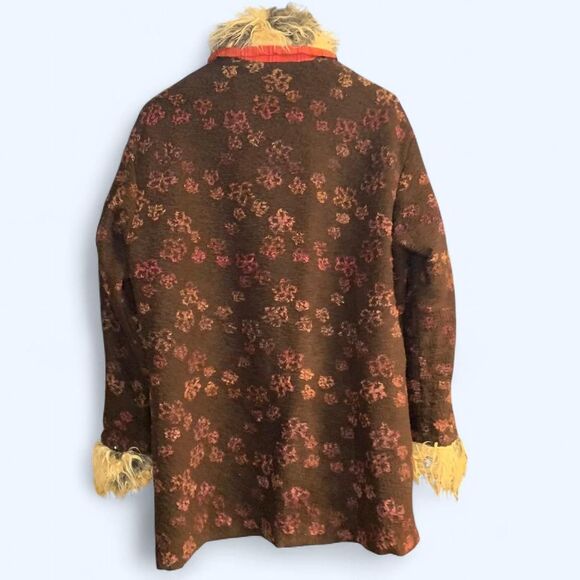 My Vintage Baby Faux Fur Trim Collar Cuffs Silk Brown Floral Jacket Coat Boho - Picture 2 of 5